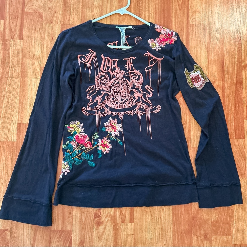 Johnny Was LA Black Long Sleeve Embroidered Shirt Top Floral Logo Amour Heart M - Picture 4 of 14